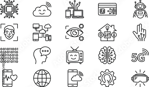 Modern technology icons collection featuring AI, robotics, cloud computing, cybersecurity, smart devices, innovation, digital communication, and futuristic tech concepts in clean line style