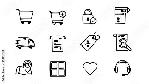 E-Commerce Essentials Set-shopping cart, add-to-cart, secure checkout, package delivery, discount tag, receipt, order tracking