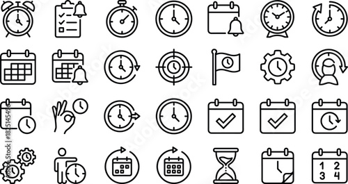 Time management clock icons set with calendar reminders, alarm notifications, stopwatch symbols, deadline schedule planner line art vector illustration
