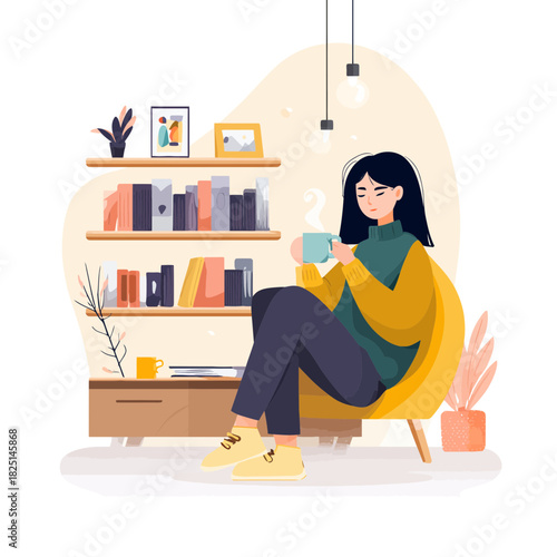 Woman enjoying coffee while relaxing in a cozy chair