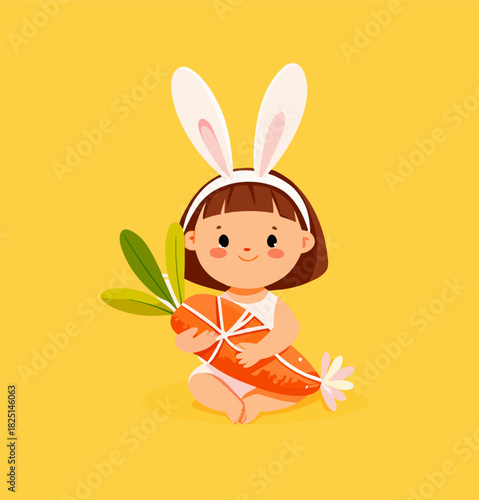 Charming Baby Girl with Bunny Ears Holding Carrot, Cheerful Spring Illustration