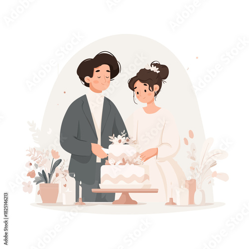 A happy couple celebrating a wedding and cutting their cake