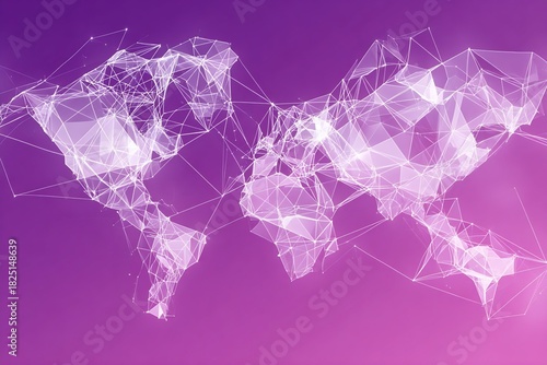Abstract Polygonal World Map on Gradient Purple Background Network Connections Representing Global Technology and Communication High Tech Design for Presentations