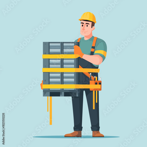 A worker securing a load with straps in a construction scene