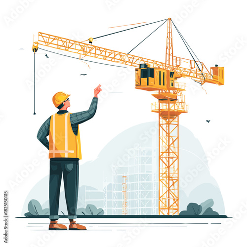 Construction worker directing with a yellow crane on site