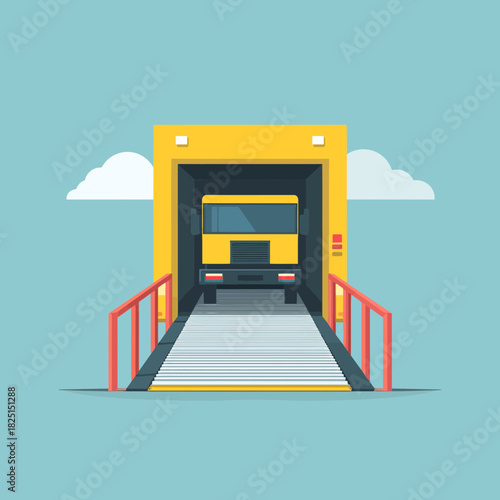 Yellow Truck Entering Warehouse Loading Dock on a Ramped Platform