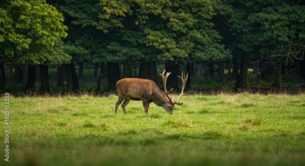 Fototapeta premium Majestic Red Deer Stag Grazing in Lush Green Meadow