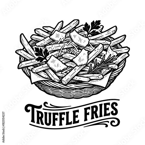 A hand-drawn black and white illustration of gourmet truffle fries in a wicker basket, garnished with cheese and herbs.