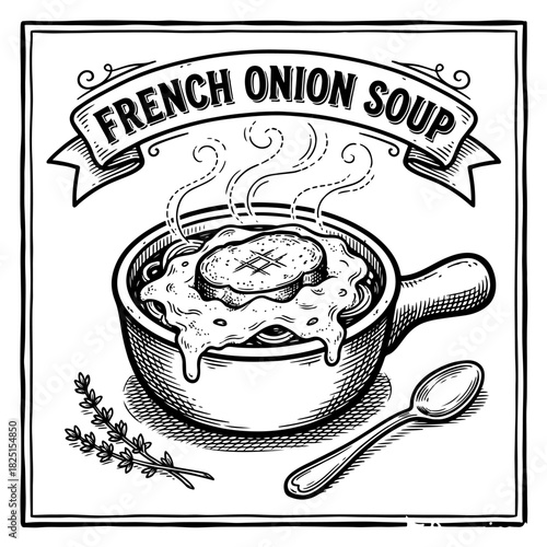 A hand-drawn, vintage-style illustration of a steaming bowl of French onion soup with a cheesy crouton and a banner.