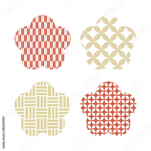 和柄の花セット　新年お正月フレーム　年賀状和風あしらいパーツアイコン	