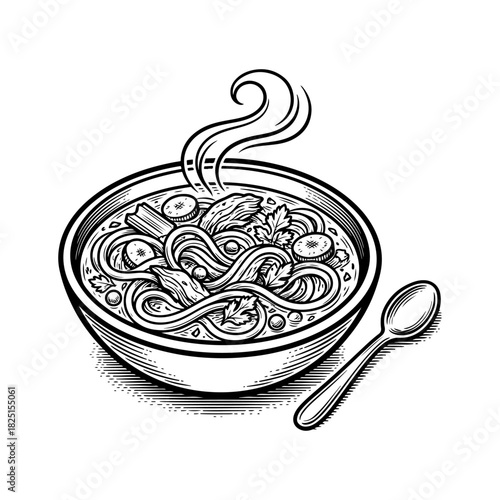 A black and white line drawing illustration of a steaming hot bowl of noodle soup with a spoon on the side.
