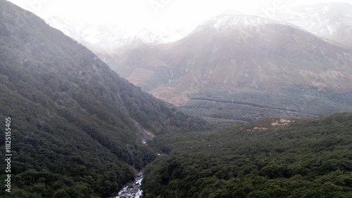 Flying on a rainy day over a mountain river among trees with a view of a snow-capped mountain. 