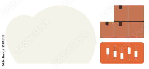 Stylized cloud icon alongside stacked boxes and control panel sliders, symbolizing storage, logistics, technology management, e-commerce, shipping, cloud computing, and data operations. A simple flat