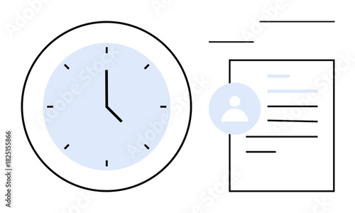 Large clock and document with user profile icon, symbolizing efficiency, productivity, scheduling. Ideal for business, workflow, deadlines, planning, organization time tracking simple flat metaphor
