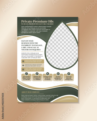 Oil Flyer Design Template. example of headline is private premium oils. water drop shape for photo space. gold and green gradient on decoration element. information graphic use text and icon. 