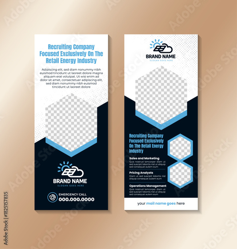 business standee roll up banner template design. collection poster design for  recruiting company processed exclusively on the retail energy industry. hexagon shape for photo space.