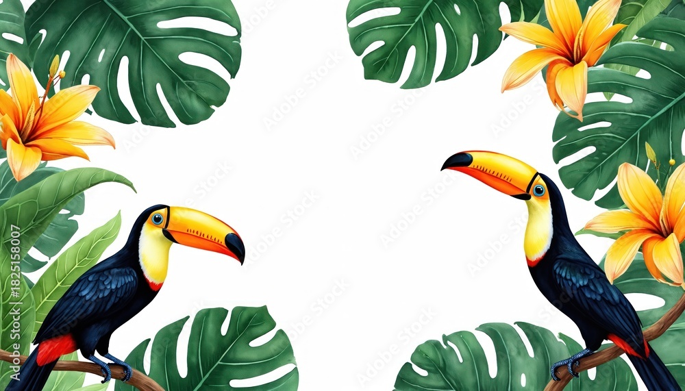 Naklejka premium Watercolor illustration of two toucans sitting on tree branches framed by exotic leaves and bright yellow flowers. Tropical birds with rich plants and floral elements for design background.