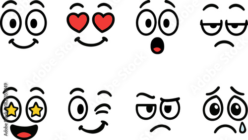 Cartoon faces expressing various emotions joy love surprise boredom excitement wink confusion and sadness