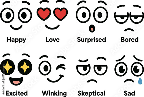 Collection of diverse cartoon emoji faces expressing various emotions like happiness love and surprise