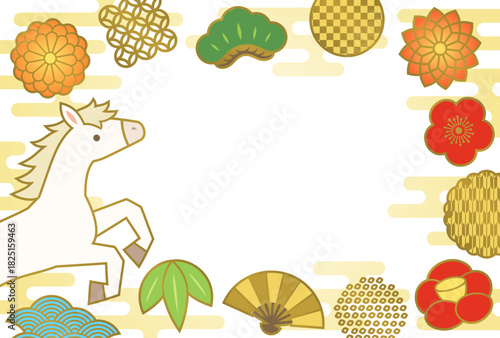 跳ねる白馬と和風の飾りのフレーム