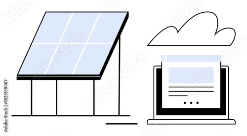 Solar panel beside a laptop with cloud, combining eco-energy with digital technology. Ideal for technology, renewable energy, sustainability, innovation, cloud computing, green solutions