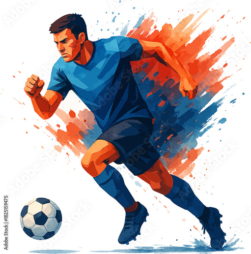 Determined soccer player sprints towards the ball with dynamic energy and vibrant artistic flair