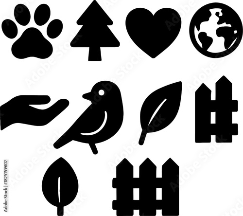 Black and white icons representing nature animals and environmental conservation on a clean background