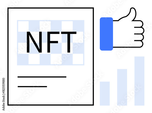 NFT concept. NFT blockchain technology and digital ownership ed by analytic bars and thumbs-up. NFT applications for art, finance, gaming, brand identity, innovation