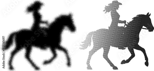 Pixel Horse Rider Silhouette, Cowboy Pixelated Halftone Vector Illustration, Abstract Western Clipart Design Print 