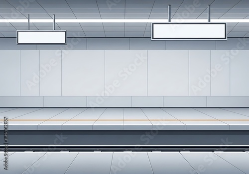 A modern metro station platform with blank signs above for customization