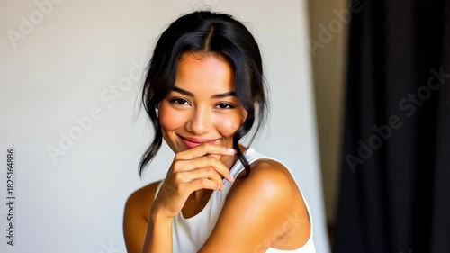 Beautiful, smiling young woman with dark hair in a white top, looking directly at the camera with a warm, genuine expression