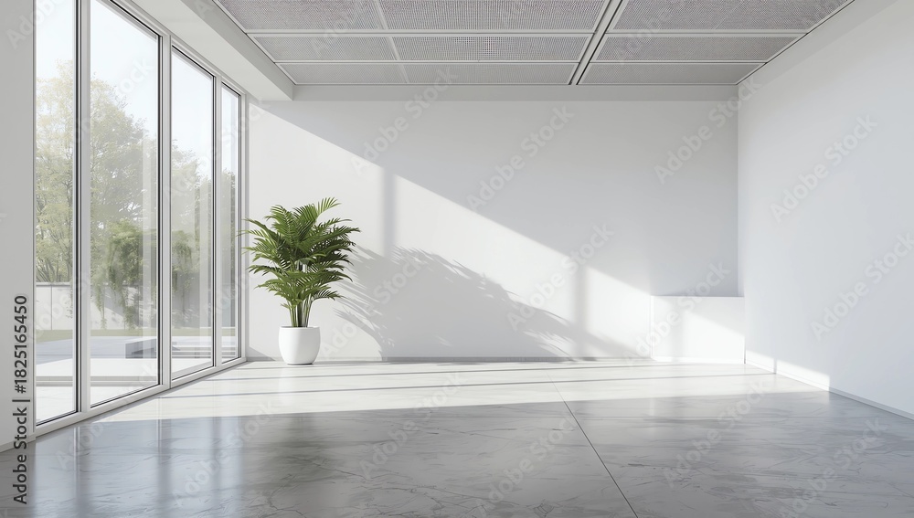 Fototapeta premium Empty office interior with tiled concrete floor. White wall with copy space and windows in background. 3D rendered image