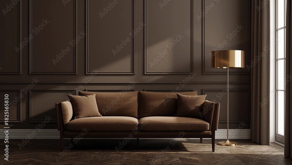 Fototapeta premium Home Interior With Brown Leather Sofa, Empty Wall And Floor Lamp
