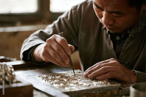 A craftsman meticulously engraves intricate patterns into a metal surface using a fine tool in a workshop setting.