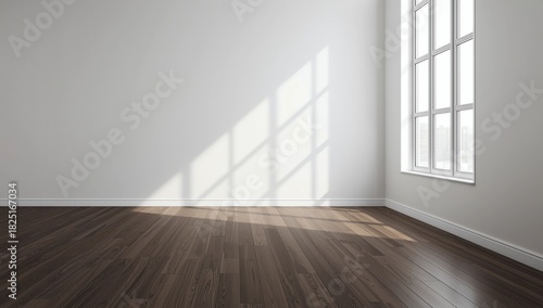 Empty office wall with copy space on hardwood floor and windows in background