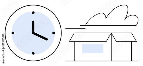 Clock indicates speed, box moving with motion lines and bold cloud representing quick shipping. Ideal for shipping, logistics, e-commerce, delivery services, time management, efficiency, supply