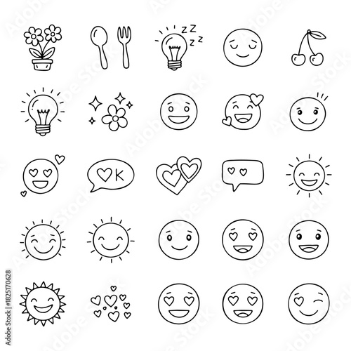Hand Drawn Outline Doodle Emoji and Cute Happy Smile Faces Set
