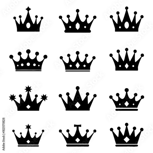 Set of Royal Black Silhouette Crowns and Tiaras Icon Collection