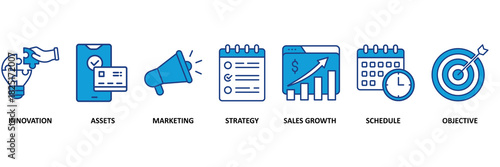 Business plan icon set vector illustration concept with icon of innovation, assets, marketing, strategy, sales growth, schedule, and objective