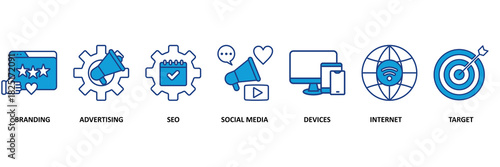 Digital marketing icon set vector illustration concept with icon of Branding, Advertising, Seo Marketing, Social Media, Electronic Devices, Internet, Target.