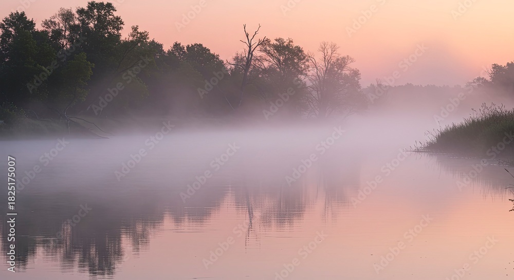 Fototapeta premium Serene River Mist at Sunrise with Soft Pink Sky