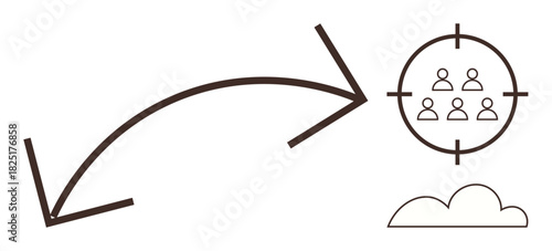Arrows pointing toward a target audience inside a crosshair with a cloud beneath. Ideal for strategy, goal setting, business growth, marketing, planning, focus, and connection. Simple flat metaphor
