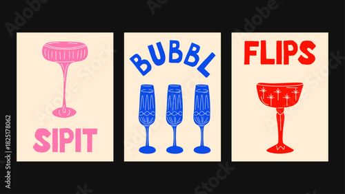 Cocktail posters featuring bar glass silhouettes and mixology vibes, with clean graphic lines and a retro aesthetic for stylish drink-themed decor.