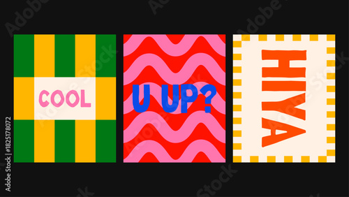 Dynamic posters featuring wavy patterns, abstract forms, and bright text elements, creating a trendy, playful rhythm for aesthetic wall decor.