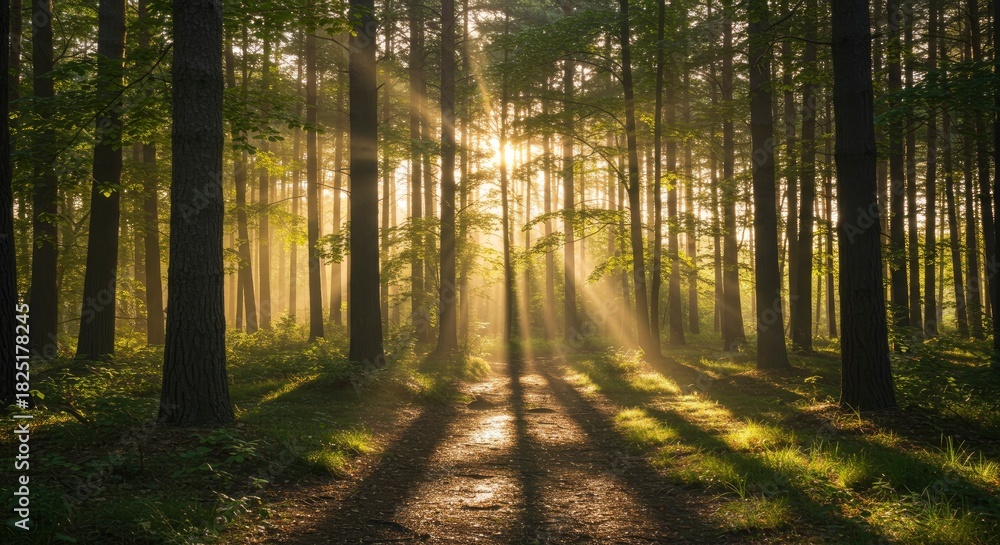 Obraz premium Sunbeams Pierce Through Lush Forest Canopy on Winding Path