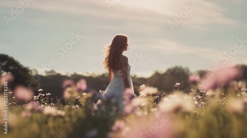 花畑で風に舞う白いワンピースの女性