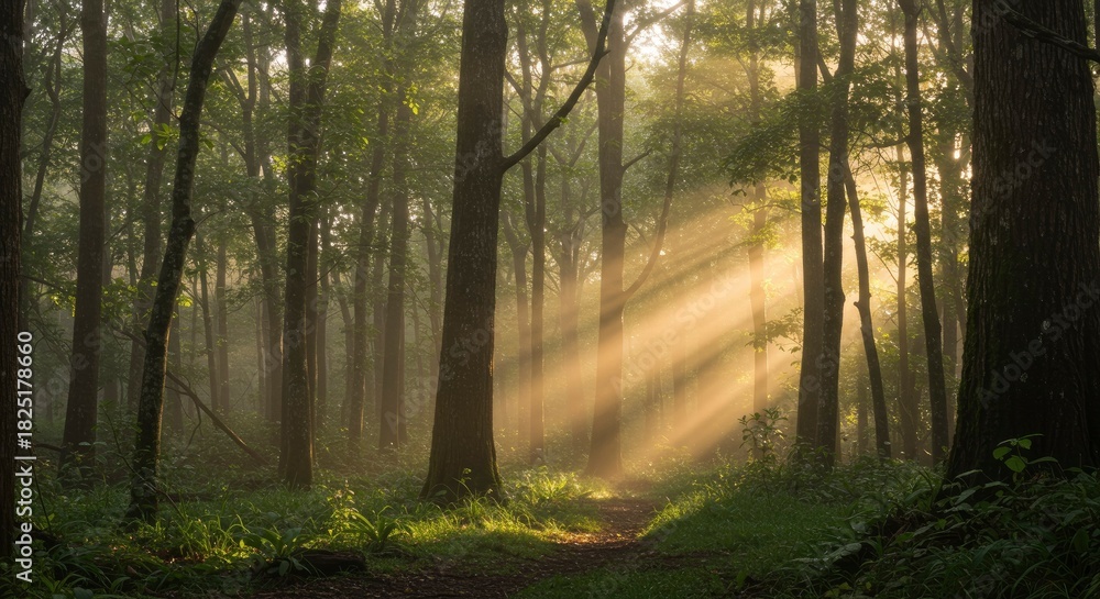 Fototapeta premium Sunbeams piercing through a lush green forest canopy