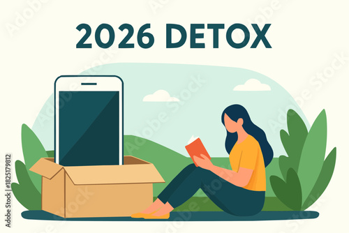 Digital Detox 2026 New Year Resolution Flat Illustration