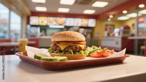 A cheeseburger with lettuce, tomato, and pickles served on a tray in a fast food restaurant