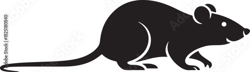 Black silhouette of a rat with a long tail and small ears on a white background rodent